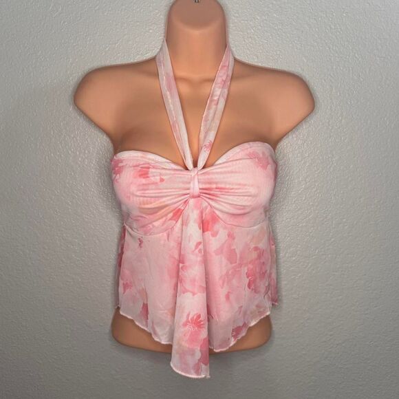 Pink mesh floral strapless top with scarf - Picture 2 of 5